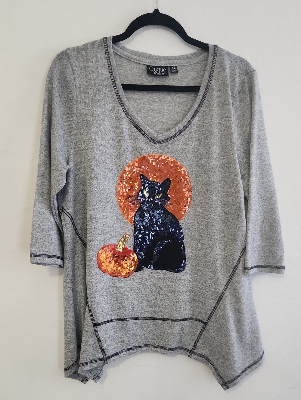 Festive Halloween Black Cat Pumpkin Sequin Top Heather Gray XL Spooky Lagenlook